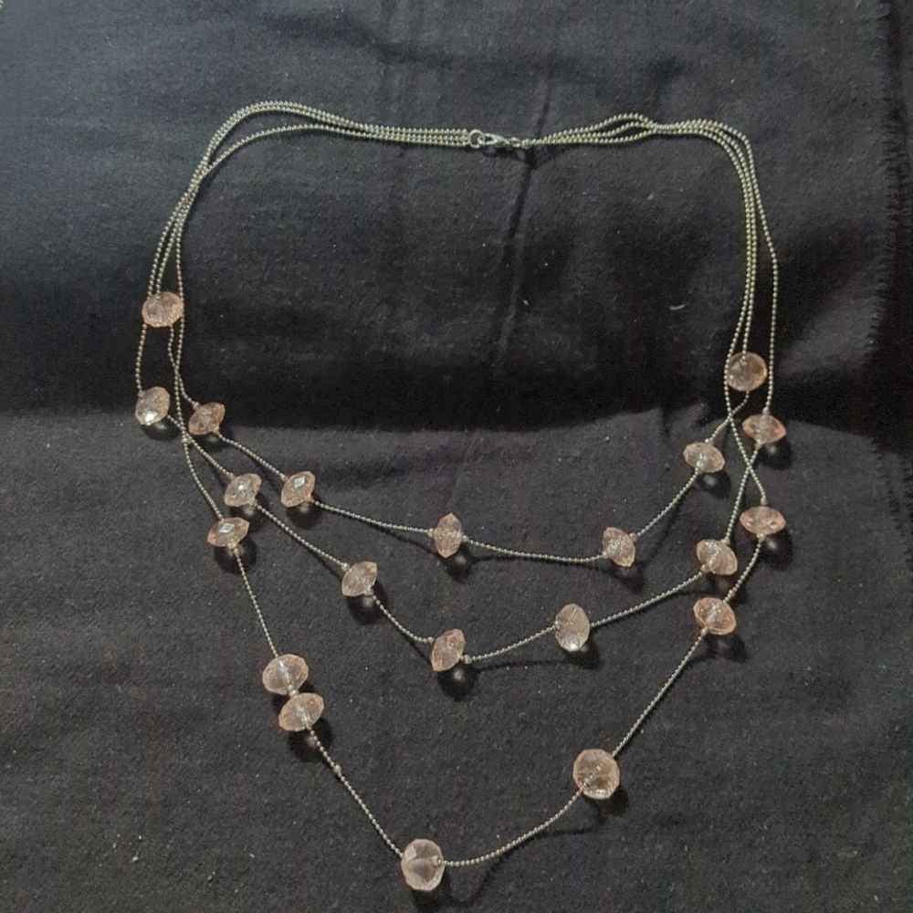 Silver Tone Pastel Pink Crystal Beaded Layered Multi Strand Statement Necklace
